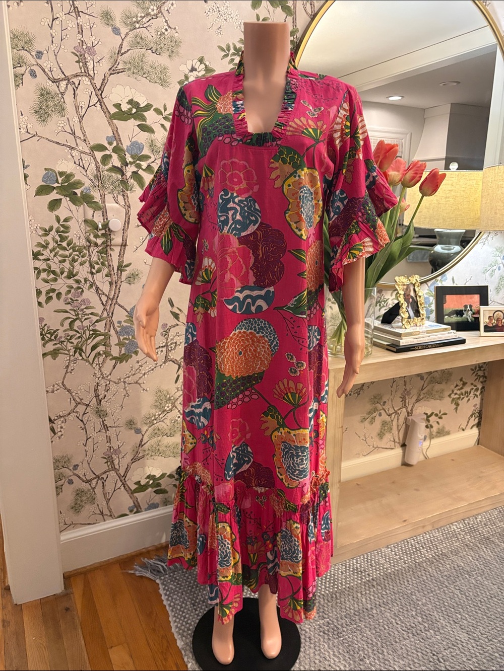 Pink Floral Maxi Dress with Ruffle Sleeves